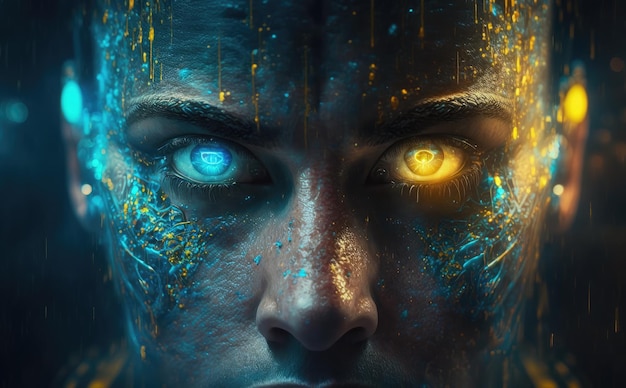 A poster for the movie avatar with yellow and blue eyes