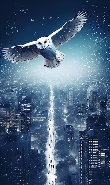 A poster for the movie the barn owl flying over a city.