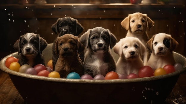 A poster for the movie'dogs'shows a group of puppies in a tub.