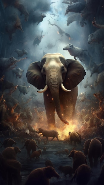 A poster for the movie the elephant is surrounded by other animals.