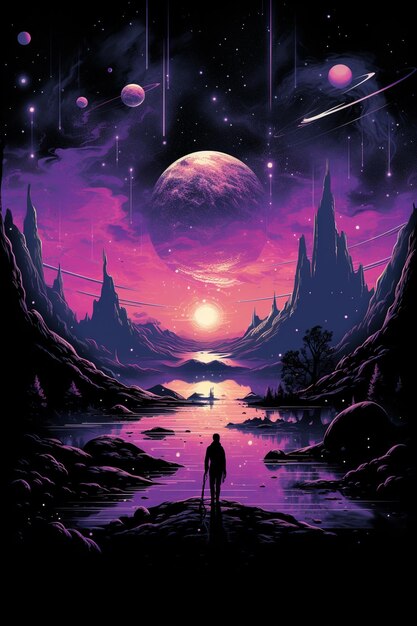 a poster for the movie with a man standing in front of a purple moon and the sun behind it