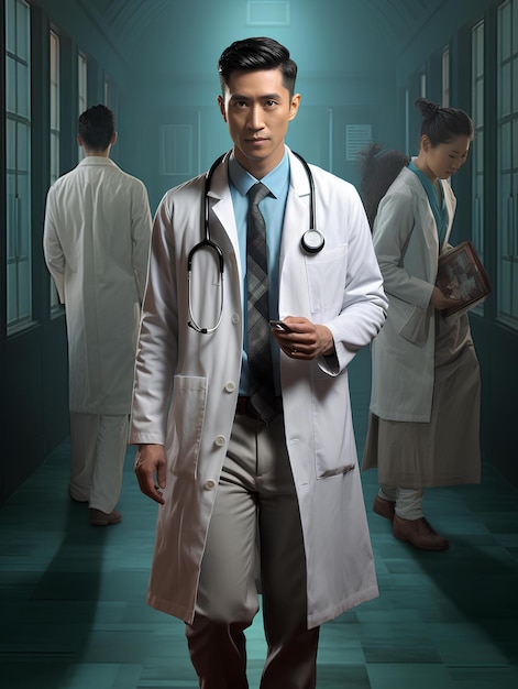 A poster of a movie with men wearing lab coats standing in crowded hallways