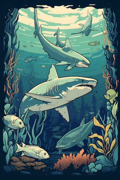 a poster for the movie with sharks and corals