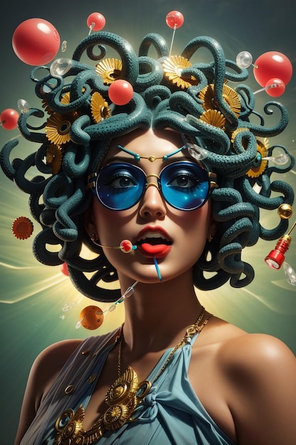 a poster for a movie with a woman wearing a wig and glasses.