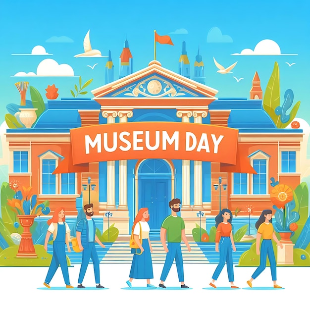 a poster for museum of museum with people walking in front of it