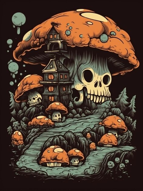 Photo a poster for a mushroom house with a skull on it.