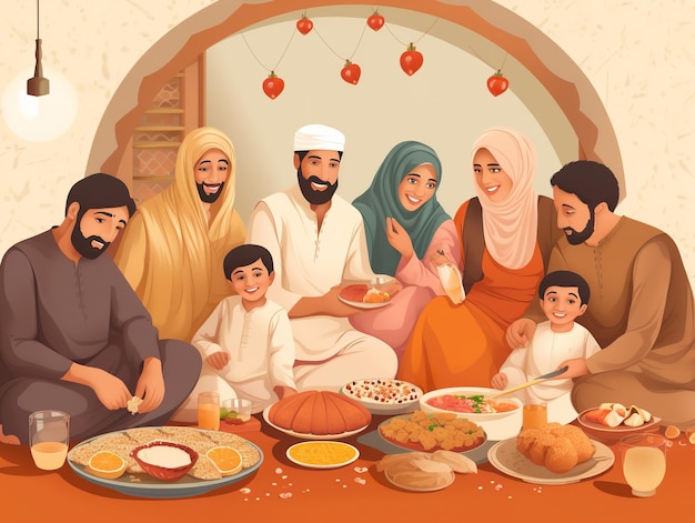 A poster for a muslim family having a meal.