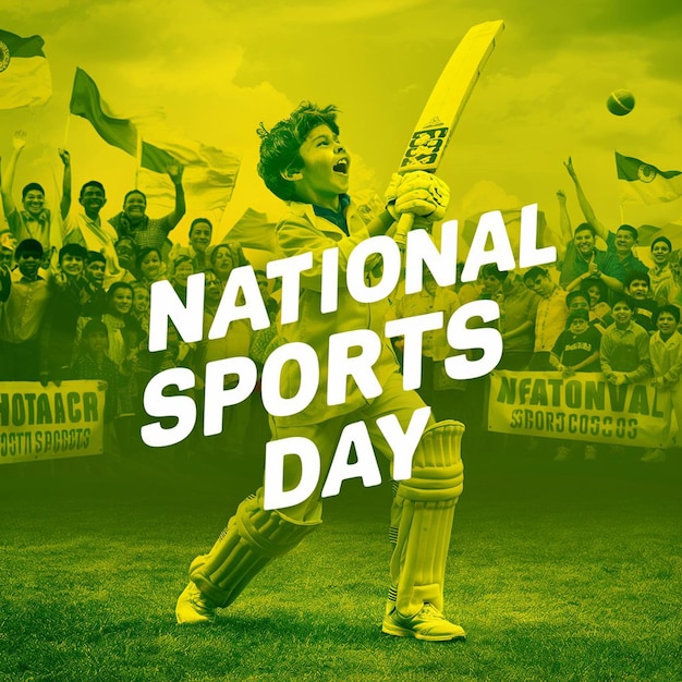 a poster for national sport days day is shown with a man holding a bat