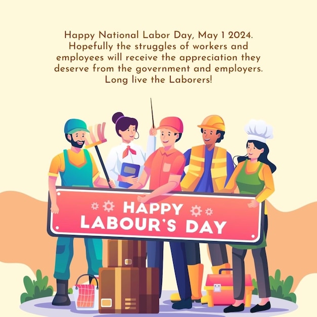 a poster for a new day celebration with workers and a sign that says happy day