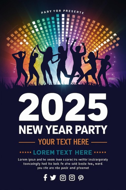 a poster for new year party with people dancing and a colorful background