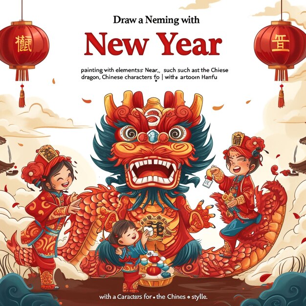 a poster for a new year with a dragon and children