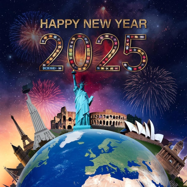 a poster for new year with a statue of liberty and fireworks