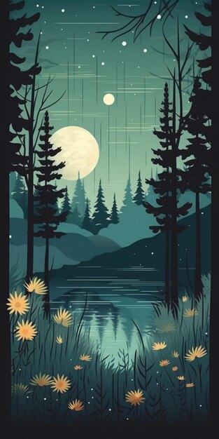 A poster for a night time scene with a full moon and trees.