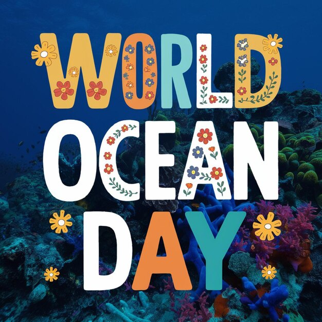 a poster for the ocean day with a blue background and a colorful print of the ocean