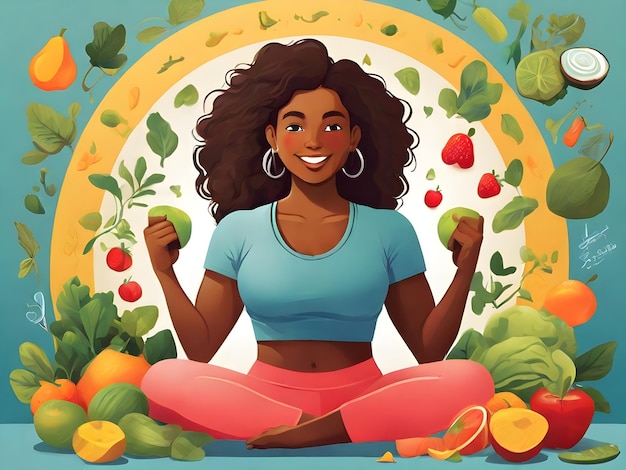 Фото Постер женщины, занимающейся йогой с фруктами и овощами