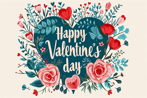 写真 明るい背景に青いハートと赤い花が描かれたグリーティングカードのポスターとハッピーバレンタインデーのテキスト コピースペース