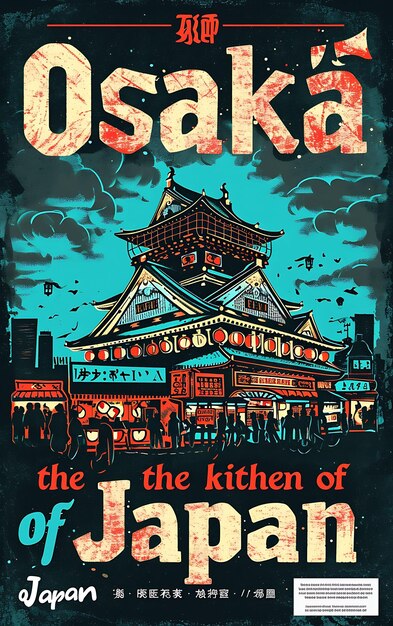 Poster of Osaka Text and Slogan the Kitchen of Japan With a Landscape Illustration Layout Design