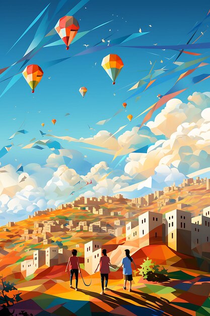 밝은 파란 하늘과  ⁇ 터 2D Dsign Palestine와 함께 파란 하늘을 날리는 팔레스타인 어린이들의 포스터
