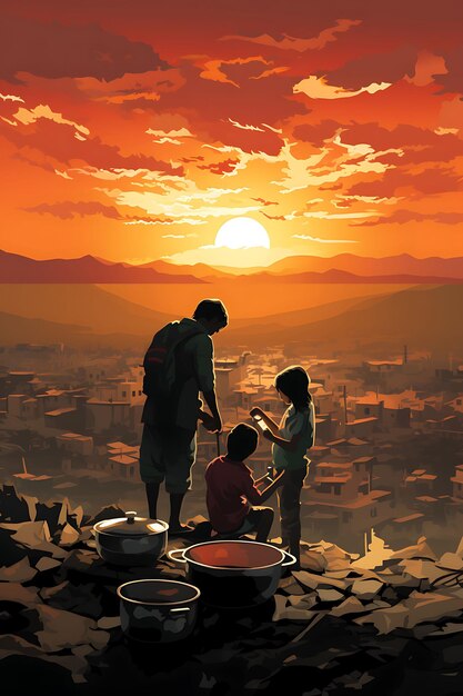 Poster of palestinian family cooking amidst ruins with a sunset over a vector 2d dsign palestine