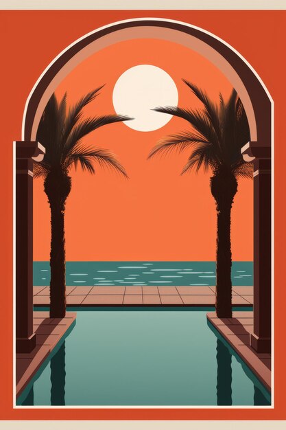 a poster of palm trees and the ocean at sunset