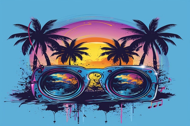 a poster of palm trees and a pair of glasses with palm trees in the background