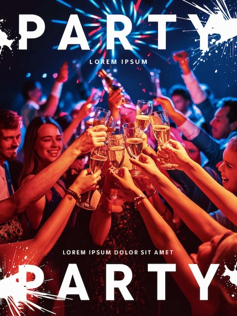 плакат на вечеринку под названием "Партия" с группой людей, держащих бокалы шампанского