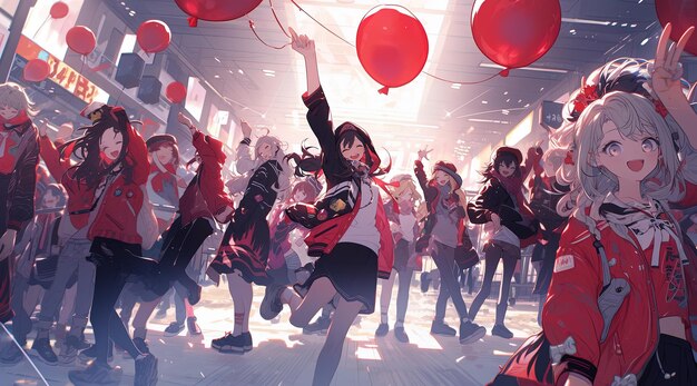 a poster for a party with red balloons and a girl with a red jacket