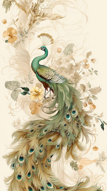 a poster for a peacock with flowers and birds.