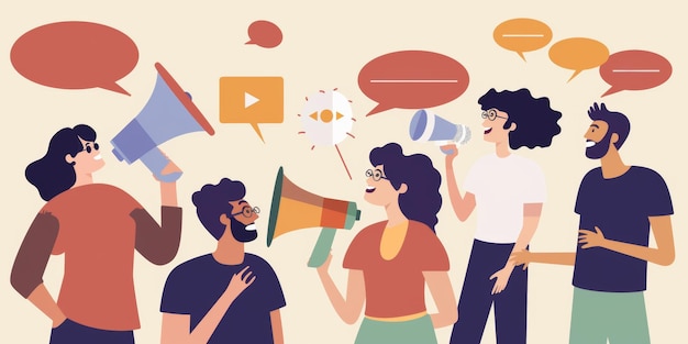 메가폰 과 사람 과 대화 하는 사람 들 의 포스터