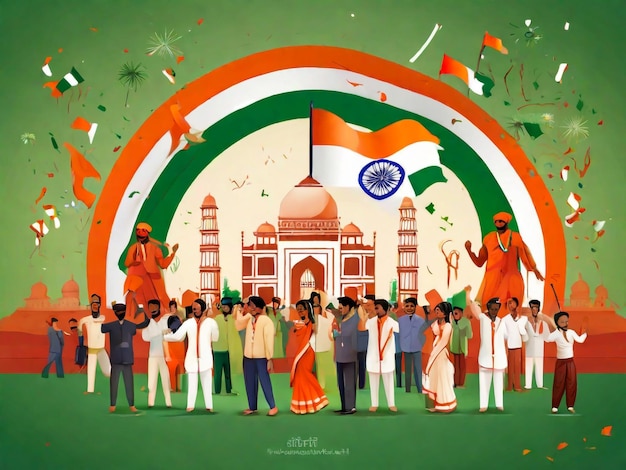 a poster of people with a background of a large orange and green circle