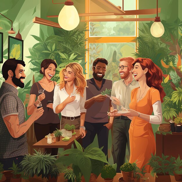 A poster of people with a table with plants and a sign that says " the company ".
