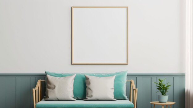 Poster or photography frame mockup on the light color wall in a Boho style interior