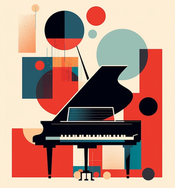 赤い背景に丸と丸が付いたピアノのポスター。
