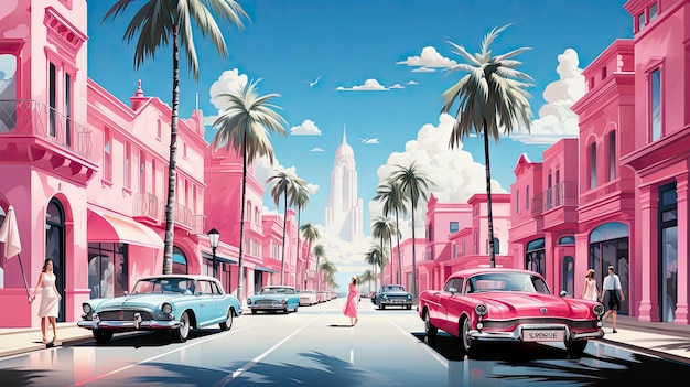 a poster of a pink car with a woman walking down the street.