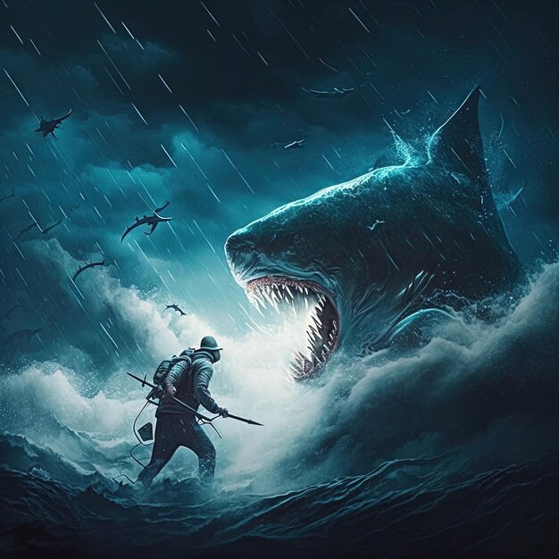 a poster for a pirate ship with a shark in the background