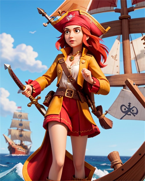 a poster for a pirate with a sail and a sailboat in the background.