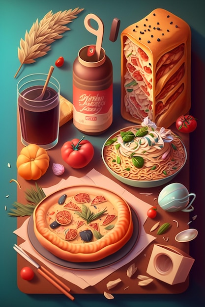 A poster for a pizza and a bottle of cola.