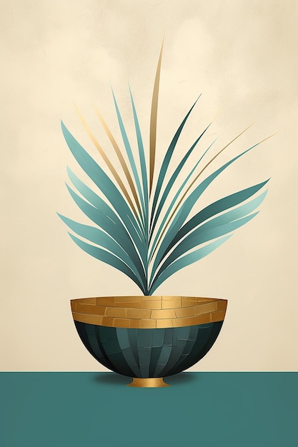 a poster for a plant and a bowl with a plant in the center.