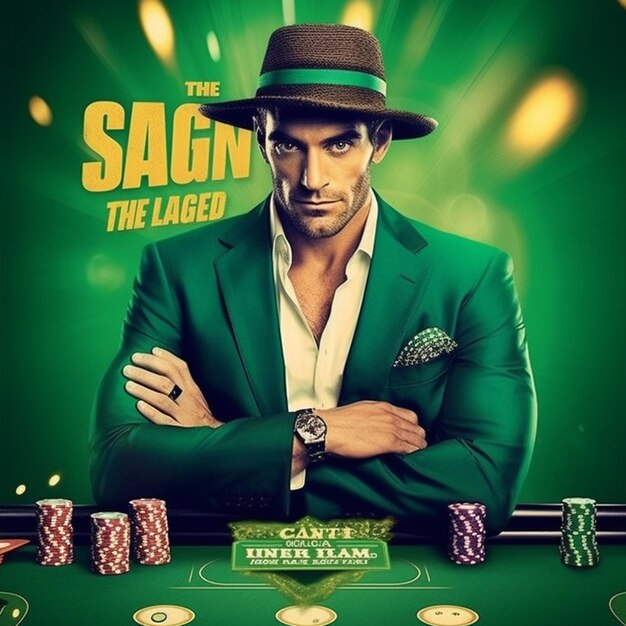 A poster for the poker poker shows a man with a green jacket and hat.