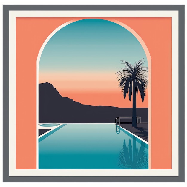 A poster of a pool with palm trees and mountains in the background