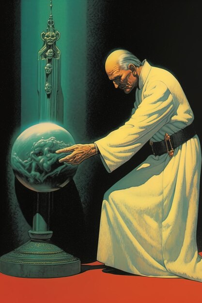 a poster for the pope with a statue of a man in a robe