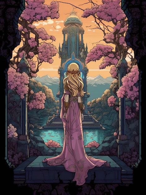 A poster for the princess looking at a tower