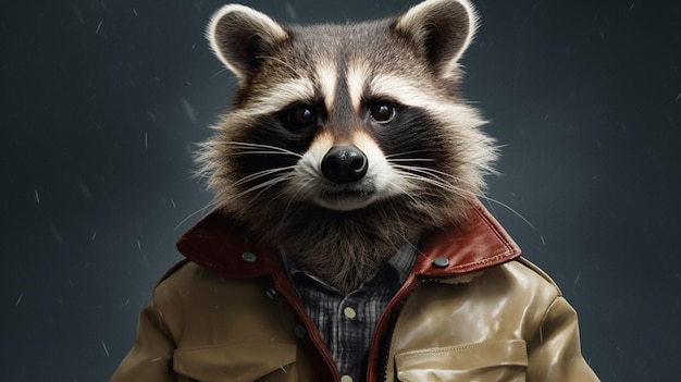 A poster of a raccoon wearing a jacket