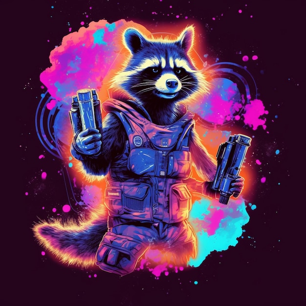 a poster for raccoon with a gun pointing a gun.