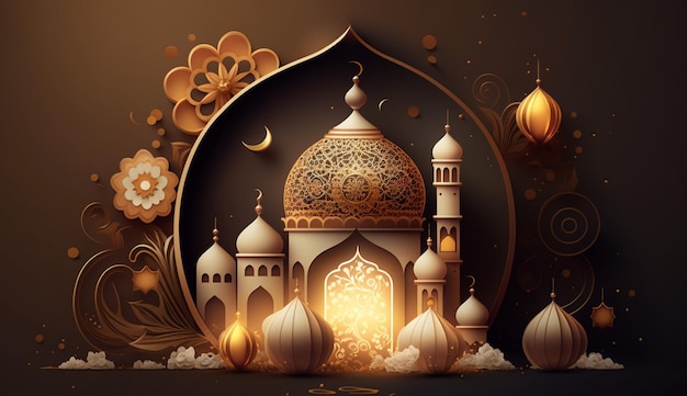 A poster for ramadan with a mosque and a round dome.