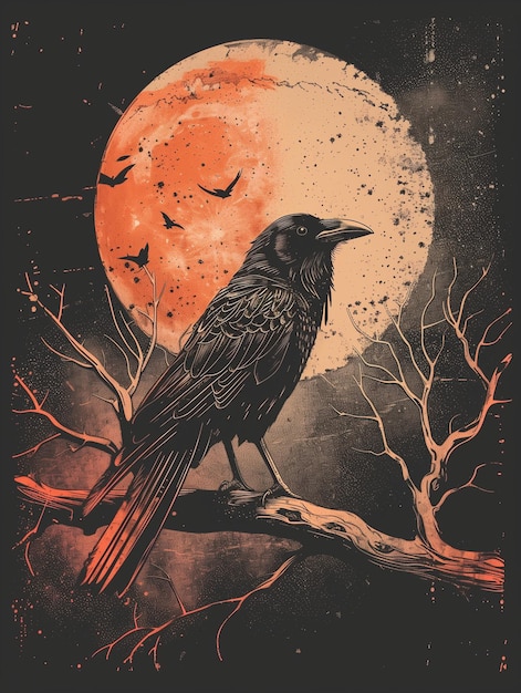 Photo a poster for a raven with a full moon in the background celestial crow and moon weird surreal