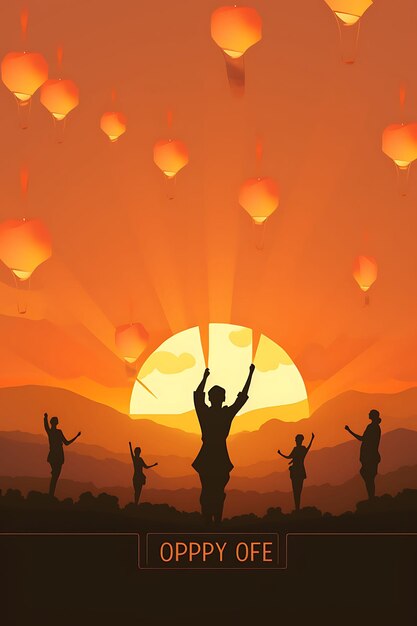 Poster of rays of hope illustrate soldiers releasing lantern no war concept art 2d flat design
