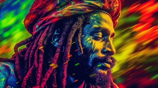 A poster for reggae music with a man with dreadlocks and a rainbow colored background