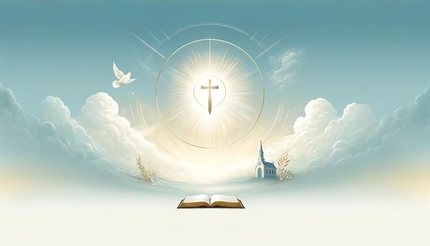 Постер на религиозную тему 24 Стилизованное изображение блестящего креста Библия церковь и голубь в небе среди облаков Для рекламных презентаций открытки