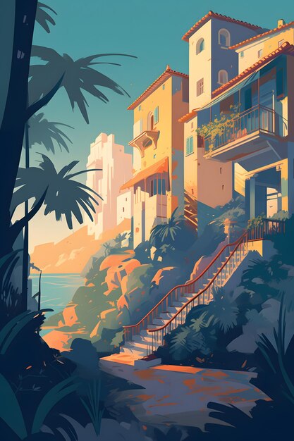 A poster for a resort with a house on the left and a staircase leading to the right.